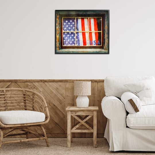 Stupell Industries Patriotic American Flag Rustic Window Festive Home Framed Giclee Art